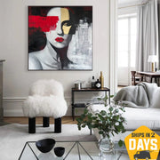 Abstract Female Acrylic Painting Red Lips Wall Art Original Black and White Artwork for Home | MODERN WOMAN 50"x50"