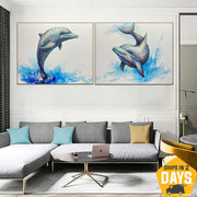 Original Dolphins Set of 2 Paintings on Canvas Colorful Underwater Animals Artwork for Home | DOLPHINS COUPLE 2P 40"x100"