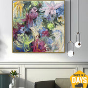 Colorful Flowers Painting On Canvas Abstract Forms Artwork Original Wall Art for Living Room | JUNE VIBE 50"x50"
