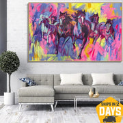 Abstract Running Horses Oil Paintings Colorful Animal Painting on Canvas Modern Artwork for Living Room | FINAL RACE 53"x80"