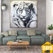 Original White Tiger Modern Painting On Canvas Abstract Animal Artwork Modern White and Black Oil Painting Wall Art for Room | WHITE TIGER 39.3"x39.3" - Trend Gallery Art | Original Abstract Paintings