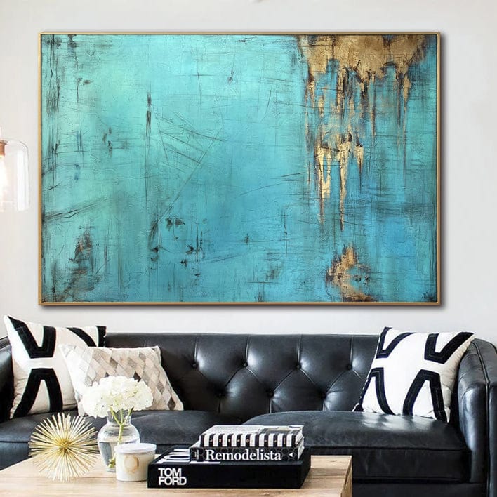 Abstract Blue Oil Painting Original Gold Leaf Artwork Rust Style Textured Handmade Wall Art Colorful Painting for Home Decor | ACE 40"x60" - Trend Gallery Art | Original Abstract Paintings