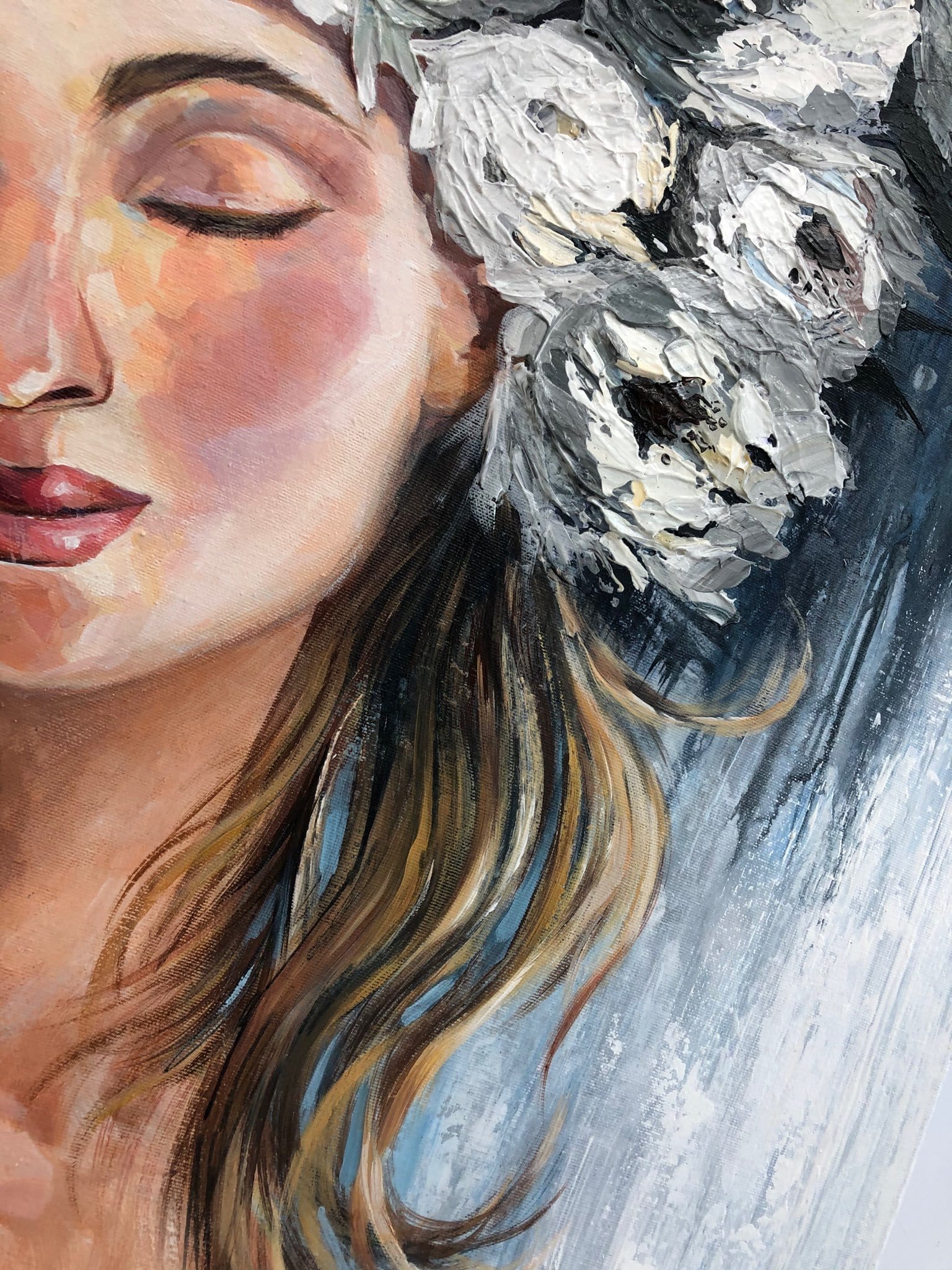 Flower Head Painting Figurative Wall Art Abstract Portrait Painting Girl with Flowers Art Blue Artwork Sexy Woman in Bloom Painting | GIRL IN BLOOM - Trend Gallery Art | Original Abstract Paintings