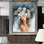 زهرة رئيس اللوحة التصويرية جدار الفن التجريدي صورة اللوحة فتاة مع الزهور الفن الأزرق الفني مثير امرأة في بلوم اللوحة | GIRL IN BLOOM