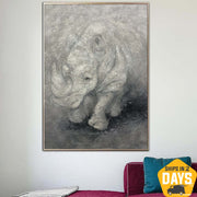 Huge Rhinoceros Painting Animal Wall Grey Art Large Original Acrylic Painting On Canvas Wall Canvas Art Original Wall Art Framed | WISE RHINOCEROS 40"x30"