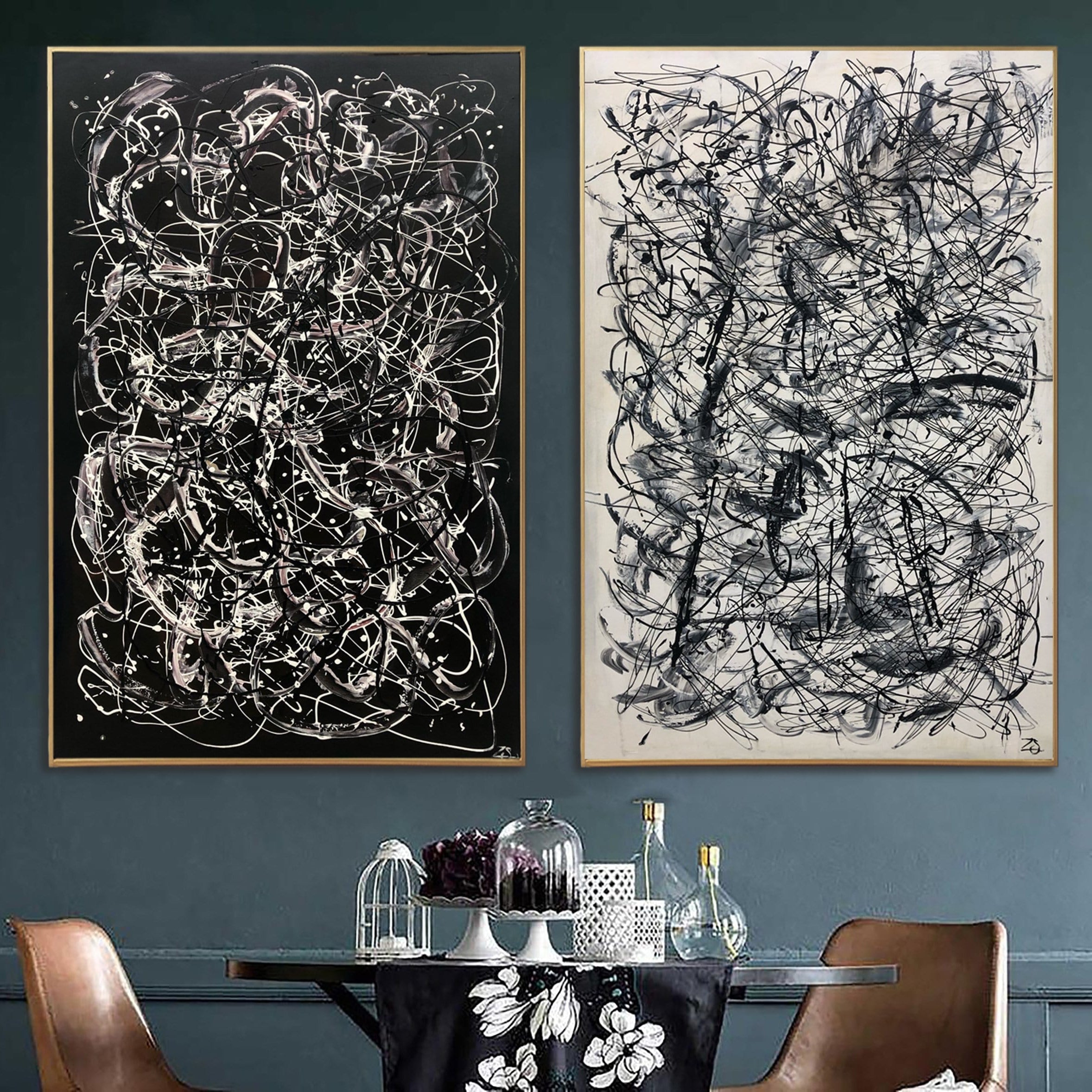 Pollock Style Painting on Canvas Black and White Wall Art Personalized Artwork Diptych Painting Heavy Textured Art Wall Decor | WAKING UP IN A MAZE - Trend Gallery Art | Original Abstract Paintings