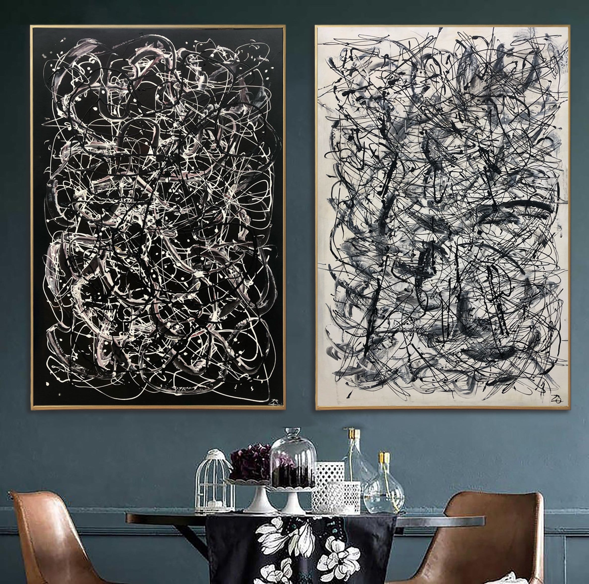 Pollock Style Painting on Canvas Black and White Wall Art Personalized Artwork Diptych Painting Heavy Textured Art Wall Decor | WAKING UP IN A MAZE - Trend Gallery Art | Original Abstract Paintings