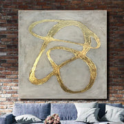 لوحة قماشية تجريدية رمادية كبيرة أوراق ذهبية مزخرفة بفن جميل معاصر مصنوع يدويًا فن جداري حديث | GOLDEN PATH