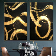 Large Abstract Set of 2 Paintings Black Gold Artwork Aesthetic Painting New Apartment Gift Diptych Painting Minimalist Art | GOLD LEAF PATTERNS