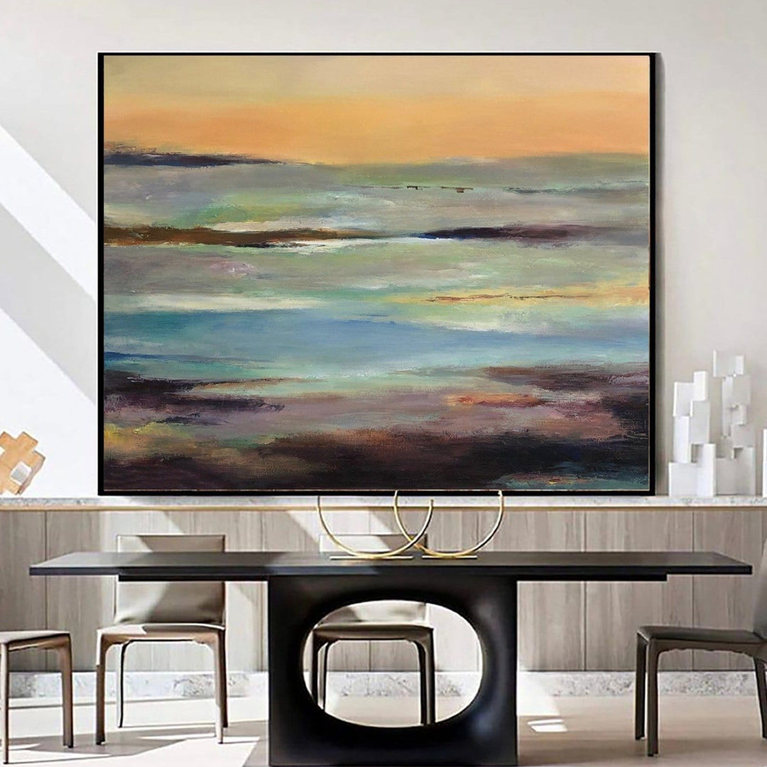 Large Abstract Landscape Painting: Ocean Wall Art in Blue, Brown and O