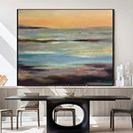 Large Abstract Landscape Painting: Ocean Wall Art in Blue, Brown and Orange Colors as Minimalist Artwork for Living Room Wall Deco | STRAY BEACH