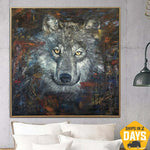 Abstract Wolf Paintings On Canvas Original Realistic Painting Wolf Wall Art Animal Artwork Wild Animal Living Room Decor | PACK LEADER 27.55"x27.55"