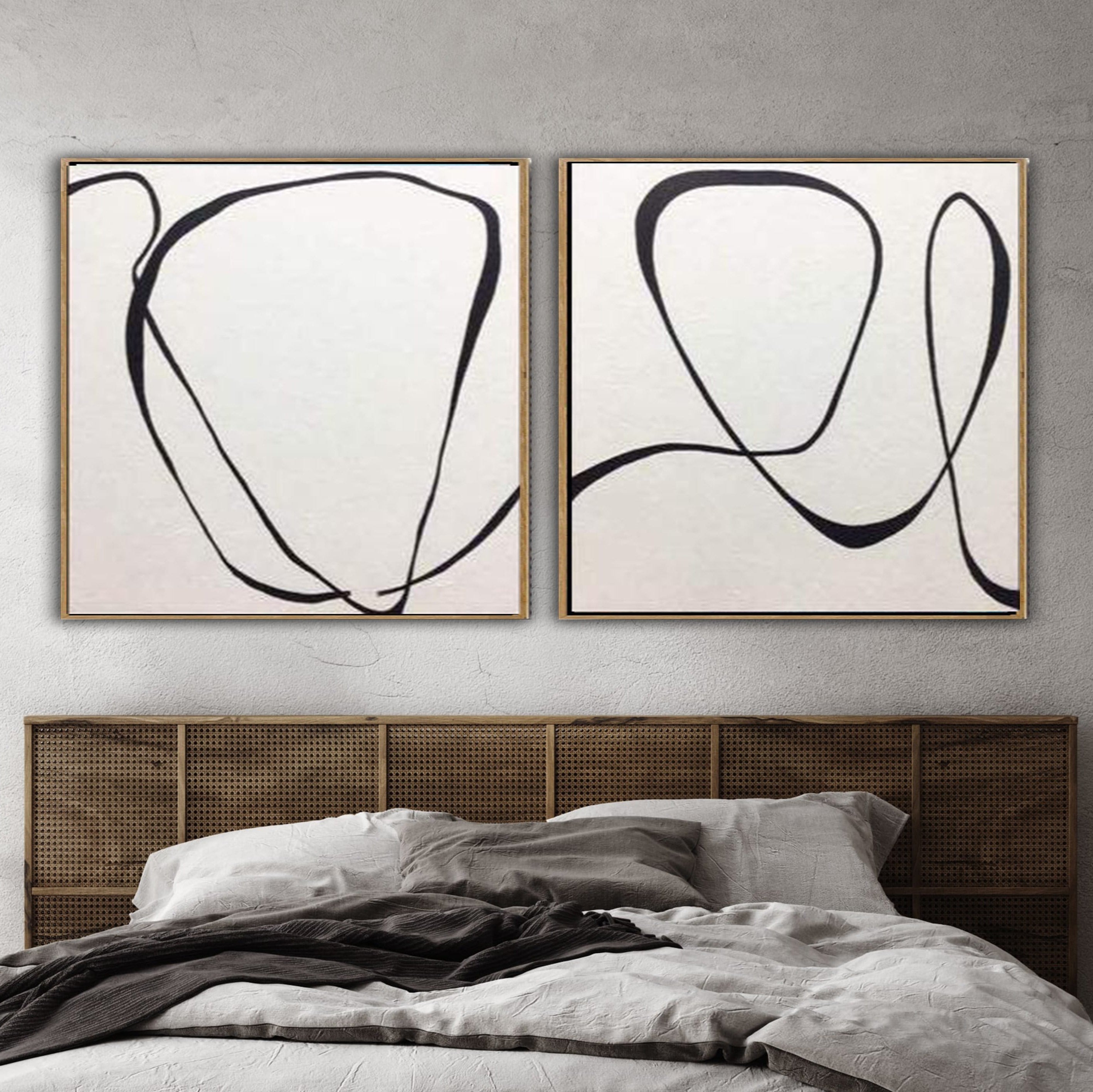 Large Oversize Painting On Canvas Black And White Art Set Of 2 Original Wall Decor | TAPES - Trend Gallery Art | Original Abstract Paintings