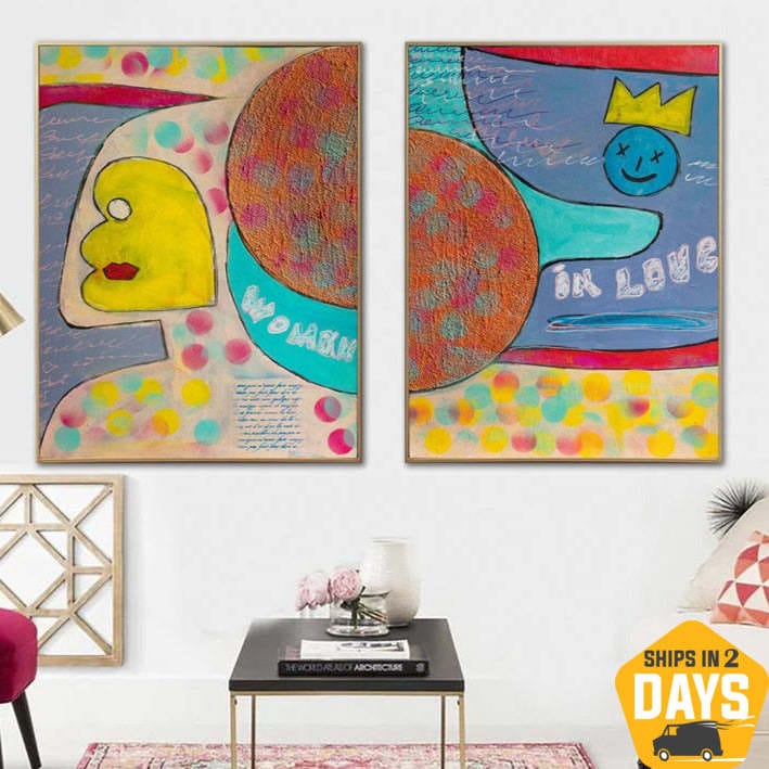 Set of Two Paintings On Canvas Woman in Love Wall Art Handmade Textured Colorful Painting Gift Neo-Expressionism Art Child Nursery Room Decor | WOMAN IN LOVE 2P 31.49"x47.24" - Trend Gallery Art | Original Abstract Paintings