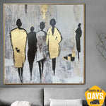 Large Artwork Large Human Abstract Painting Oil Painting Abstract Canvas Art Gold Leaf Painting Gray Painting Room Decor | STREET WALK 45.28"x45.28"
