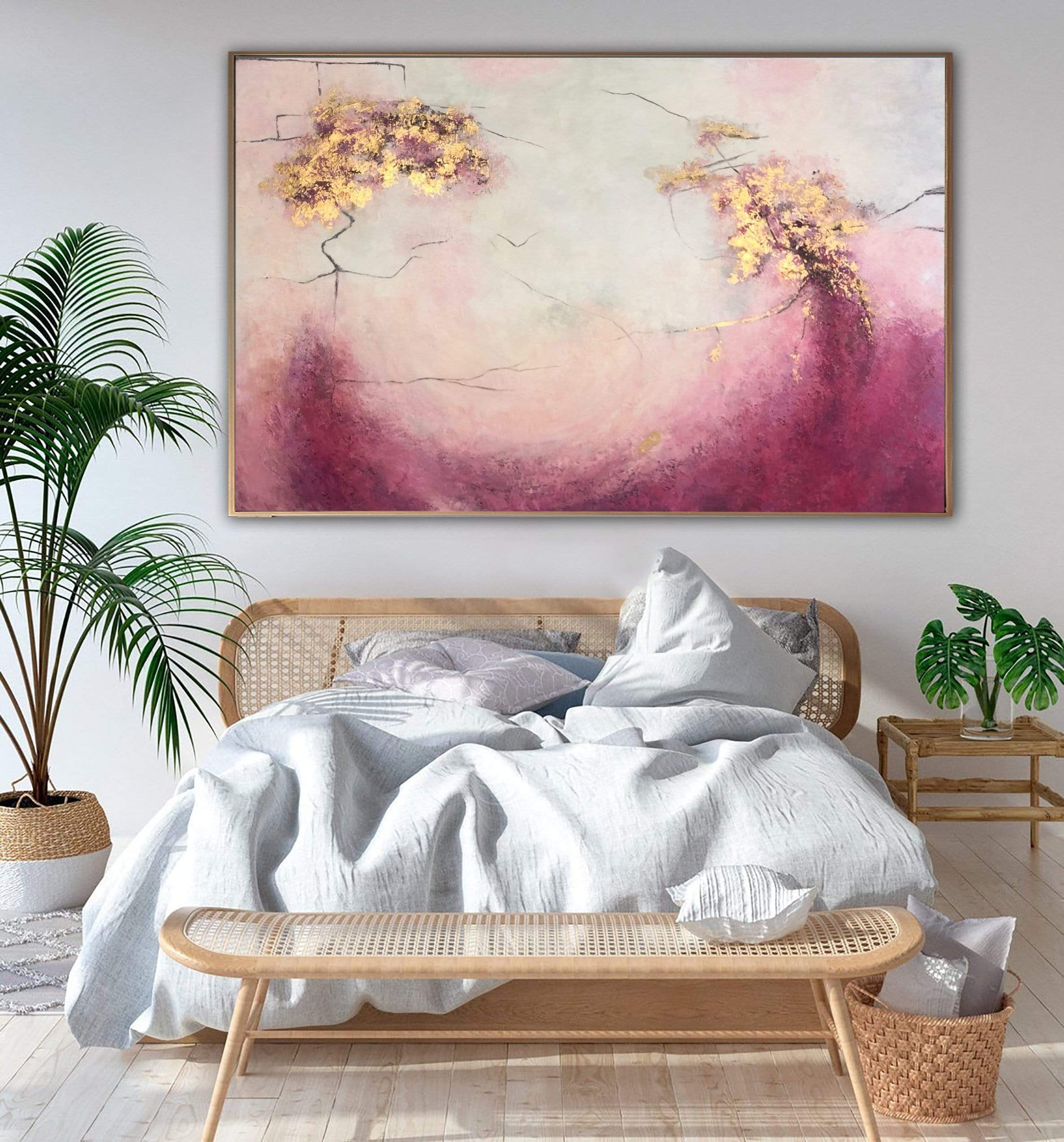 Abstract Mountains Painting Canvas Pink Wall Art Gold Leaf Artwork Custom Painting Neutral Art Modern Style Art | SOMEWHERE IN THE HEAVEN 48"x75" - Trend Gallery Art | Original Abstract Paintings