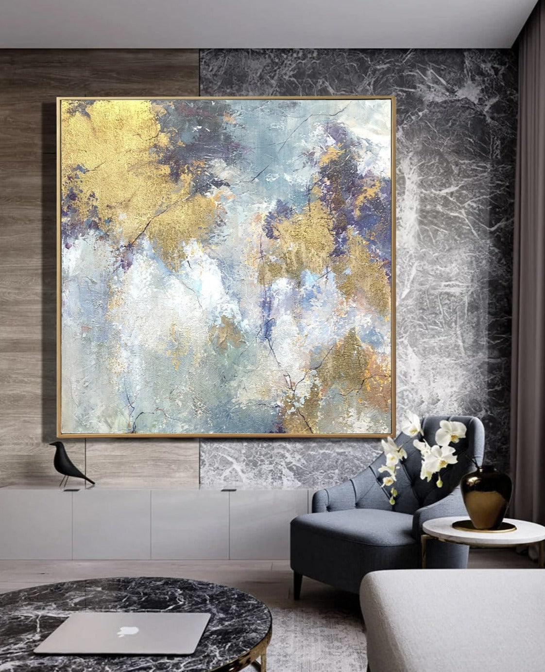 Extra Large Gold Painting on Canvas Large Mountains Wall Art Autumn Artwork Modern Oil Painting Bedroom Wall Decor | GOLDEN AUTUMN 27.55"x27.55" - Trend Gallery Art | Original Abstract Paintings