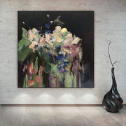 Abstract Painting on Canvas Colorful Wall Art Black Canvas Green Wall Art Beige Painting Original Oil Painting for Living Room Decor | SPRING FLOWERS