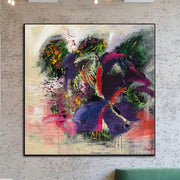 لوحة تجريدية أصلية ملونة باللون البيج والأرجواني والأخضر | FLOWERS BOUQUET