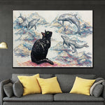 لوحة فنية تجريدية كبيرة للغاية على شكل قطة على قماش دولفين لوحة جدارية أصلية حديثة Impasto | CAT'S DREAM