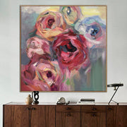 لوحة زهور كبيرة فن تجريدي ملون: فن جداري من الورود الوردية كعمل فني محكم على قماش لتزيين جدران غرفة المعيشة الحديثة | BLOOMING