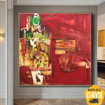 Oversized Modern Red Abstract Paintings On Canvas Framed Wall Art Unique Painting | LOVE PATH 72"x72"