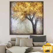 Extra Large Original Abstract Tree Paintings On Canvas Gold Nature Fine Art Modern Rich Textured Painting | GOLDEN TREE 15.7"x15.7"