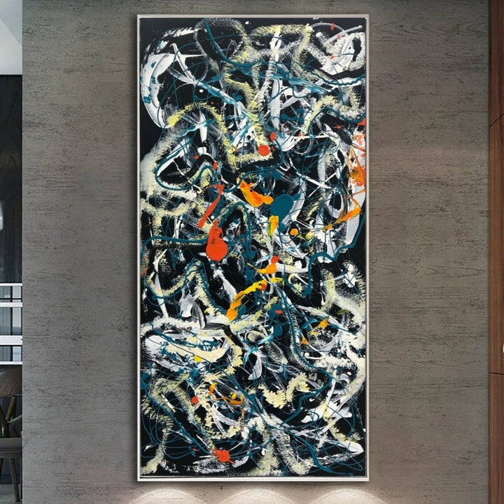 Original Colorful Painting Canvas Black Wall Art Jackson Pollock Style