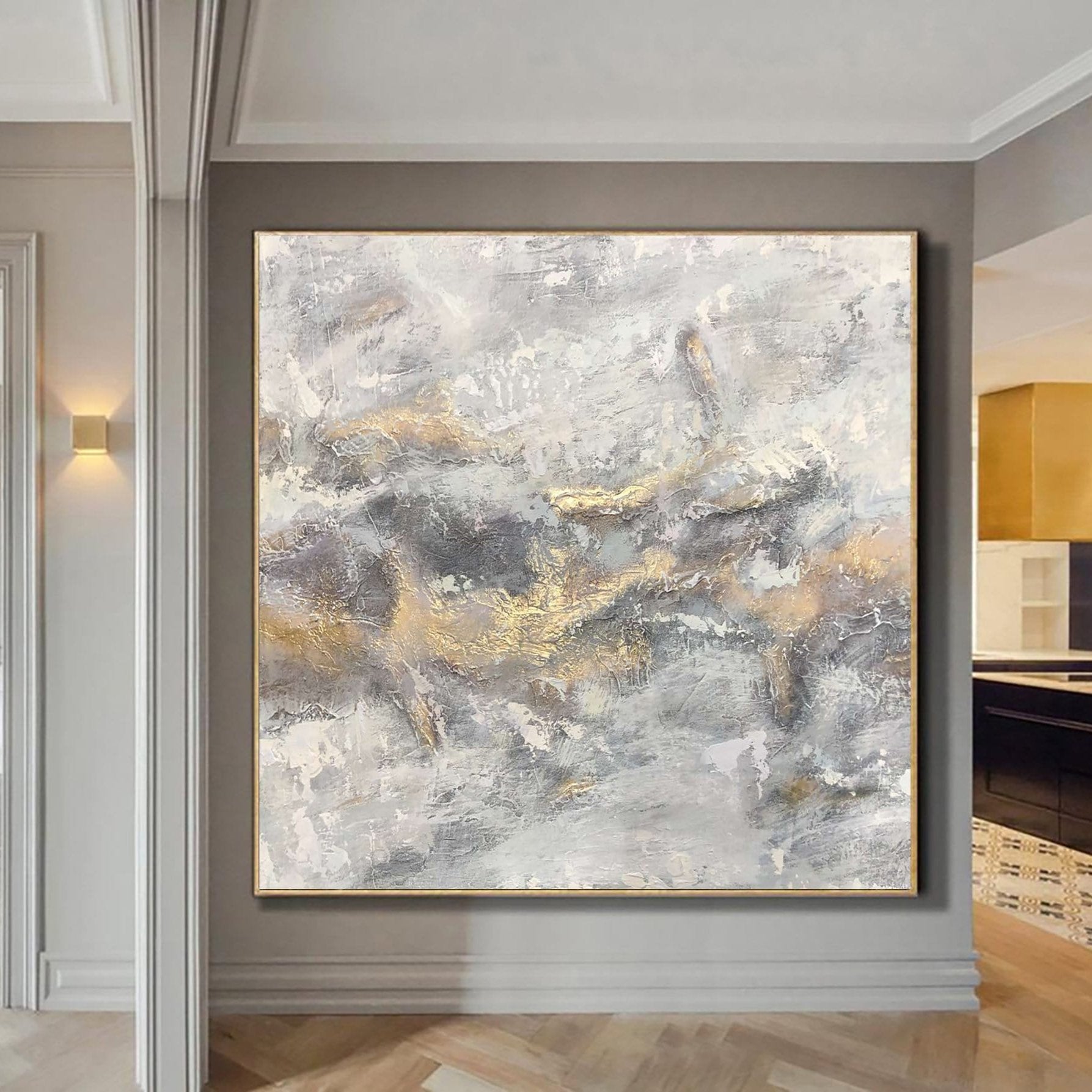 Extra Large Abstract Art Original Painting Gray Oil Painting Abstract Modern Canvas Gold Leaf Abstract Painting Wall Art | GOLDEN FOG - Trend Gallery Art | Original Abstract Paintings