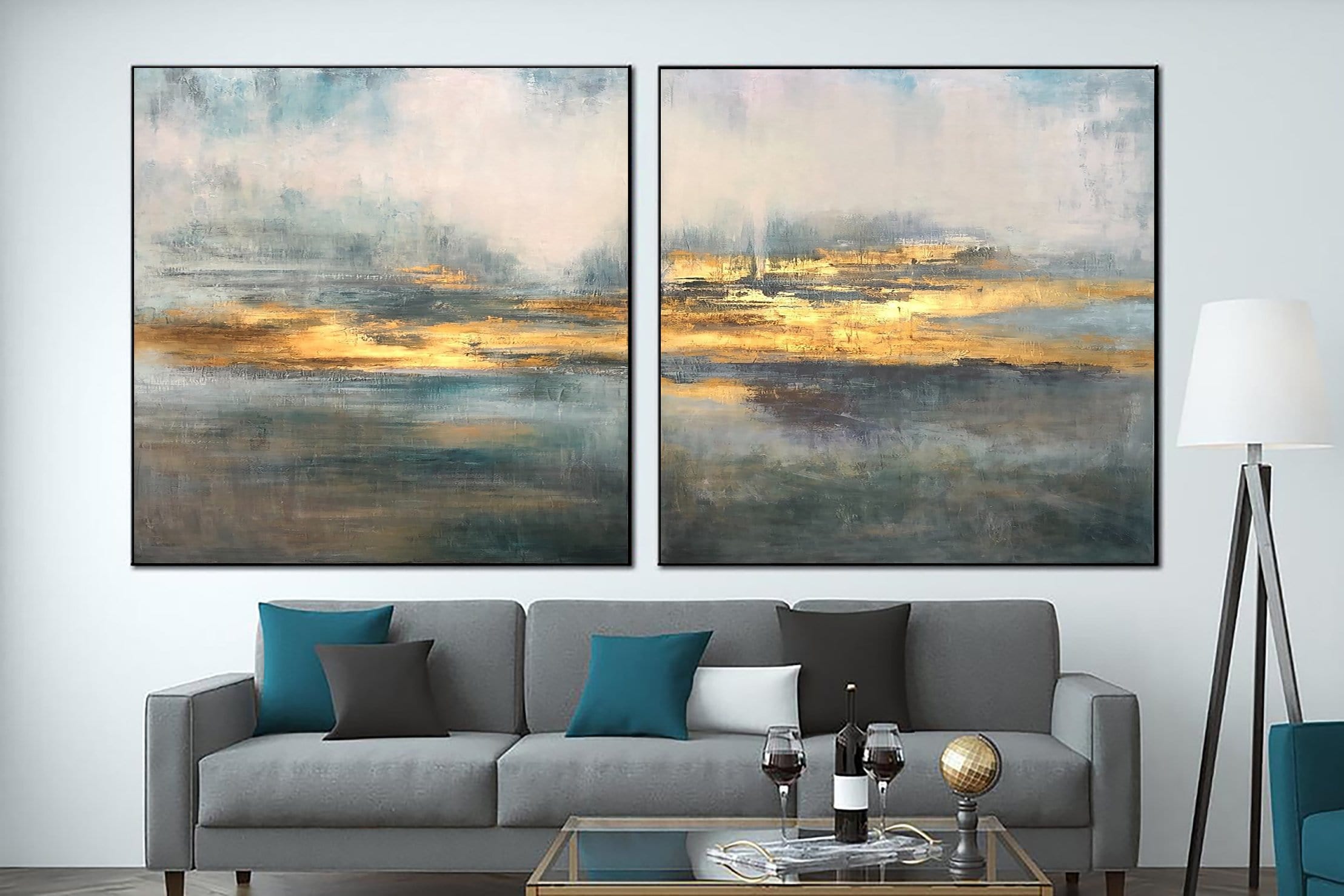 Large Sunset Painting Set of 2 Paintings Seascape Canvas Art Acrylic S