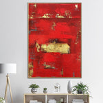 Abstract Red Painting on Canvas Minimalist Wall Art Gold Leaf Artwork Royal Red Wall Art Original Oil Painting | BLOOD RED SUN