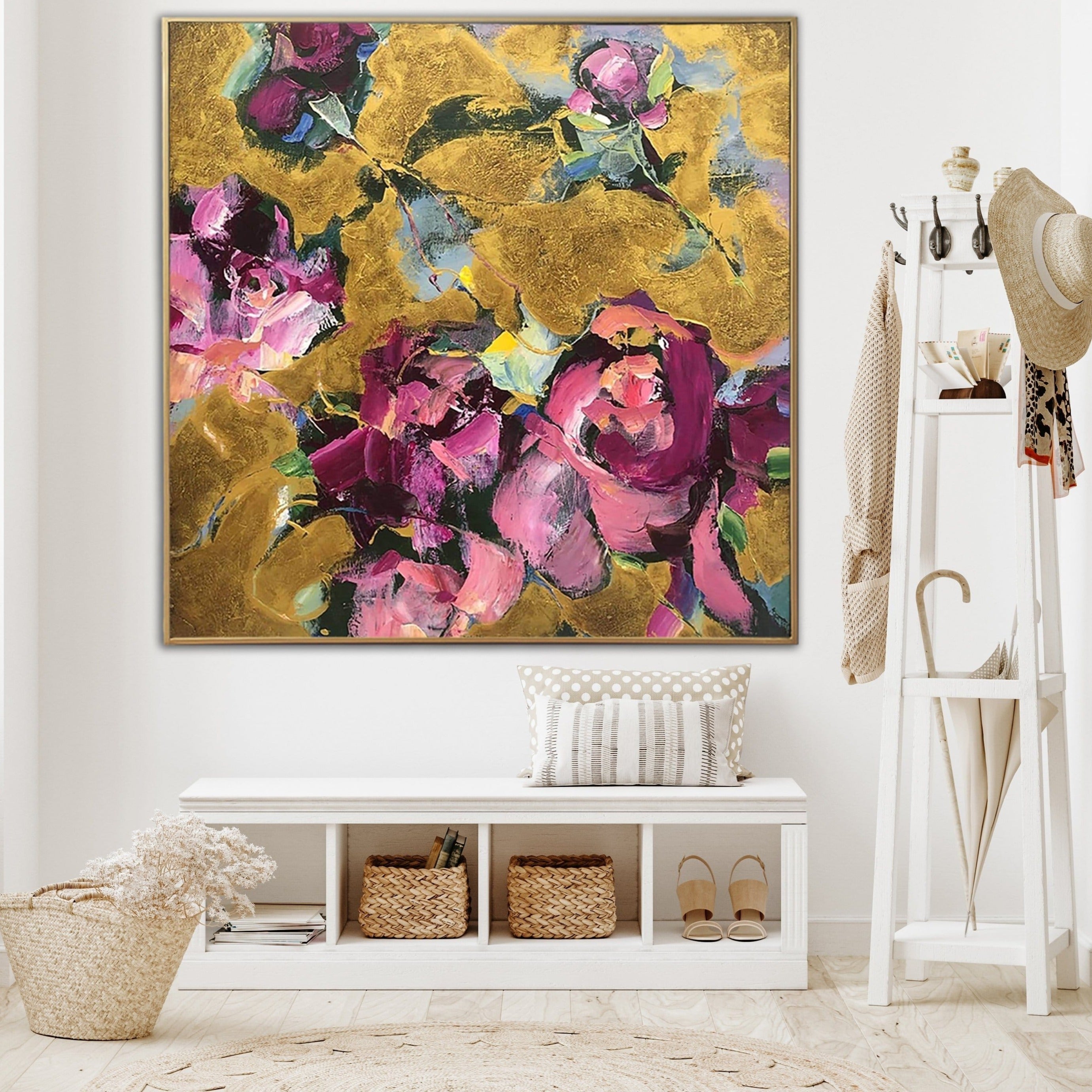 Large Flowers Paintings On Canvas Colorful Abstract Floral Art In Pink And Gold Colors Textured Handmade Painting Modern Art | FLOWER COLLAGE - Trend Gallery Art | Original Abstract Paintings