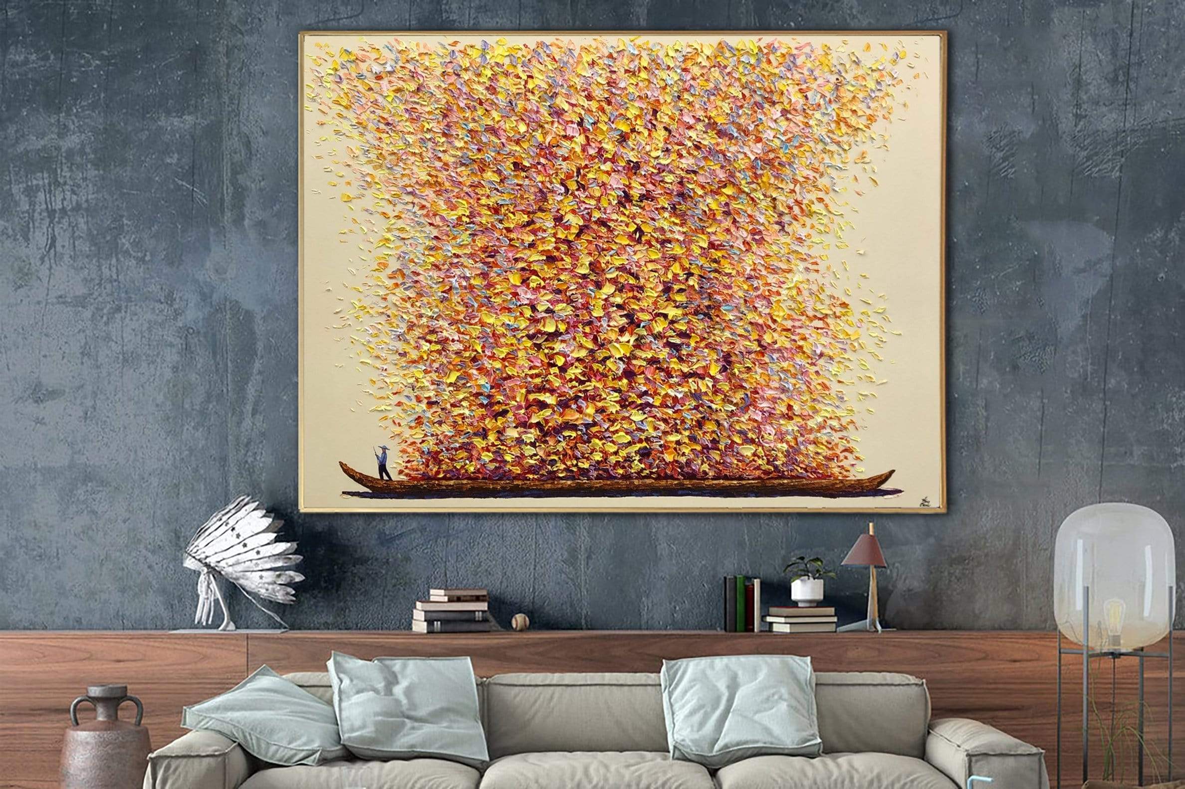 Abstract Colorful Painting on Canvas Original Boat Wall Art Impasto Oi