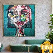 Extra Large Abstract Cubist Paintings On Canvas Original Pop Art Modern Face Painting Woman Face Painting | LADY BIRD 15.7"x15.7"