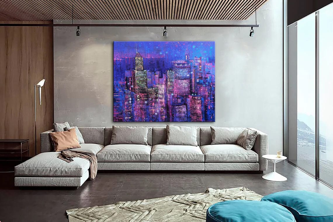 Abstract Purple Paintings On Canvas City Fine Art Original Handmade Painting Support Ukraine Artist | SKYSCRAPERS - Trend Gallery Art | Original Abstract Paintings