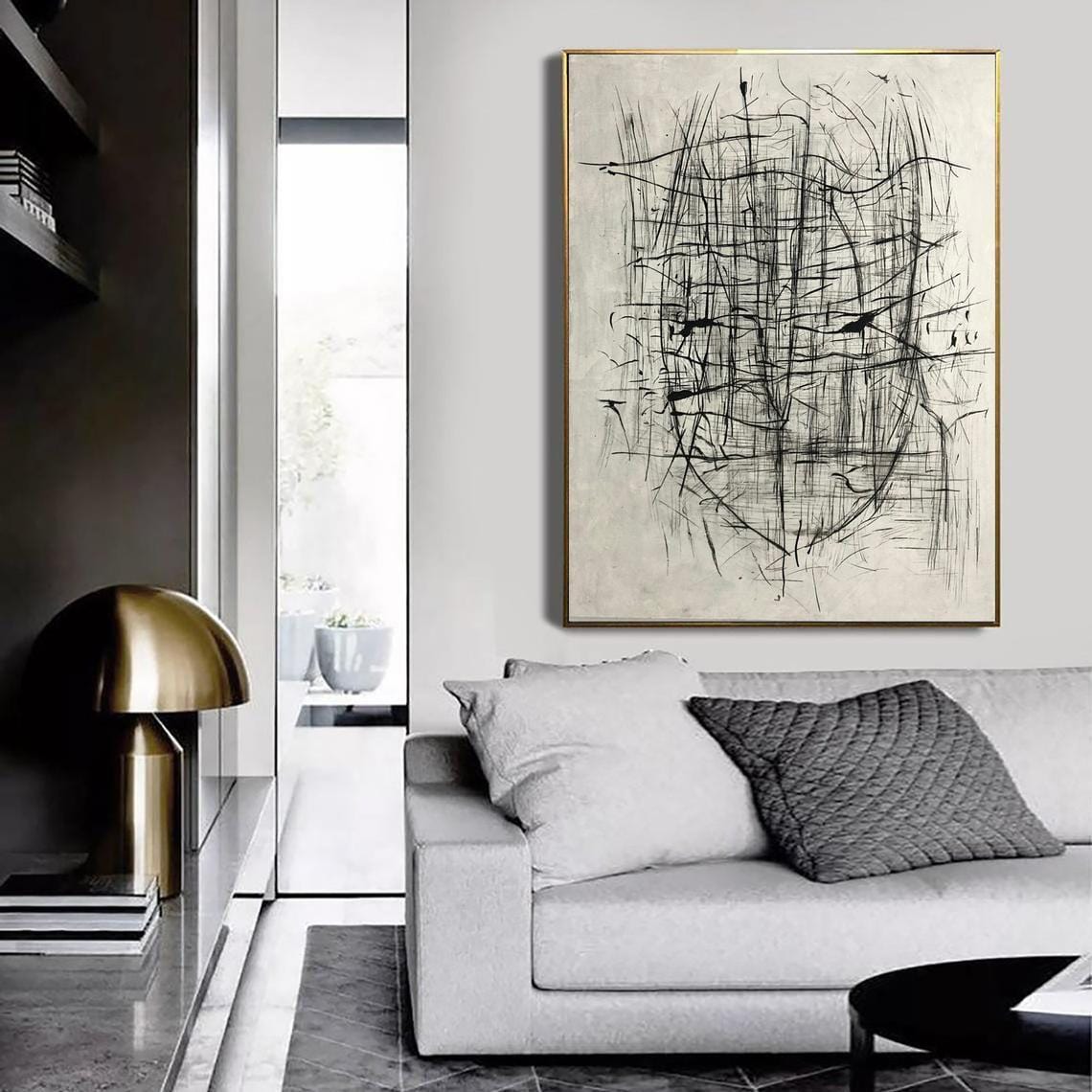 Gray Abstract Painting Black And White Oversized Canvas Art Modern Painting  Large Artwork Wall Art Living Room Decor 80x160cm/32x63in Black Frame