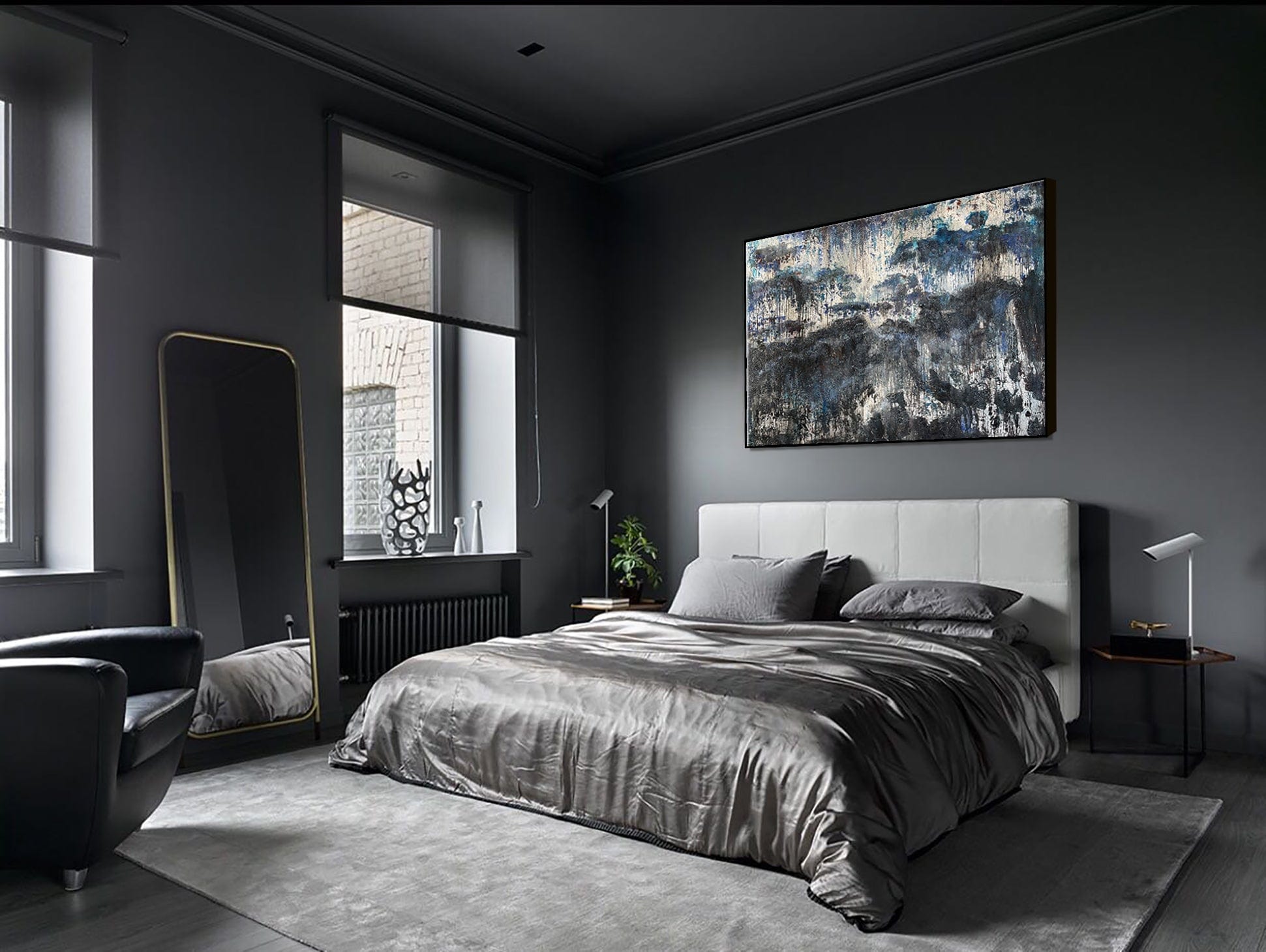 Original Art Abstract Apartment Decor Black and White Bedroom