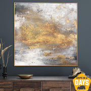 Abstract Gray Paintings On Canvas with Gold Leaf Texture Art Luxury Painting Modern Hand Painted Artwork | BRIGHT LIGHT 32"x32"
