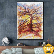 لوحة زيتية أصلية كبيرة لشجرة تجريدية رسومات طبيعة شجرة قماشية فن واقعي على قماش | AUTUMN TREE 30"x20"