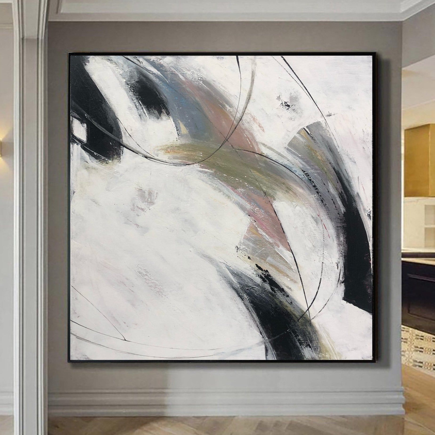 Abstract Minimalist Paintings On Canvas Original Art In Beige, Black And White Colors Giant Painting In Custom Size | OVERCAST SKY - Trend Gallery Art | Original Abstract Paintings