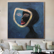 Large Abstract Face Painting Oil Original Art Female Face Painting on Canvas Woman Face Wall Art Dark Blue Canvas Art Decor | SPLIT