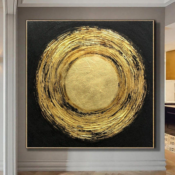 Round canvas painting in blue, gold and black