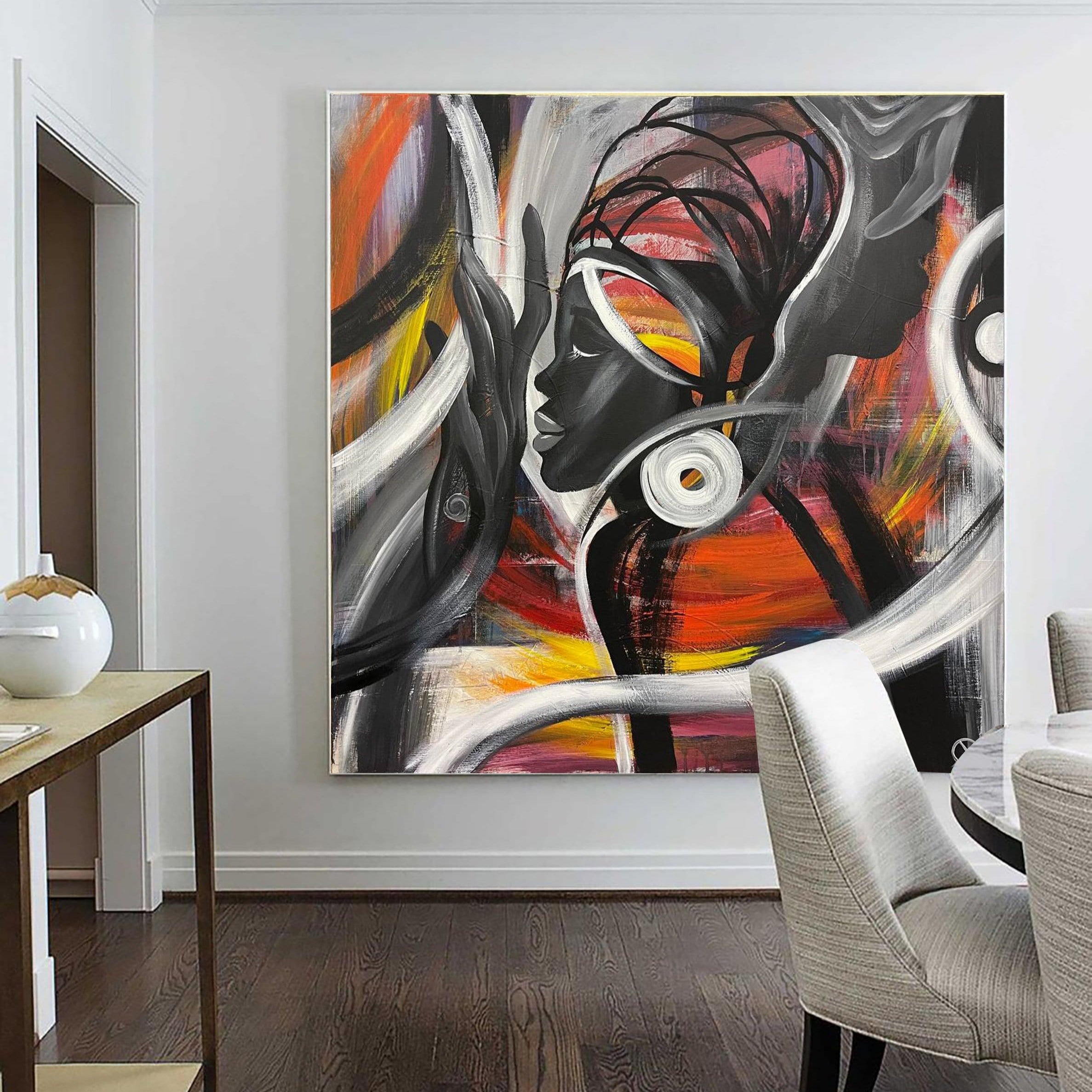 Large Abstract African Woman Face Painting in Black And Red Colors Abstract Figurative Fine Art Original Handmade Artwork | FEMALE ESSENCE - Trend Gallery Art | Original Abstract Paintings