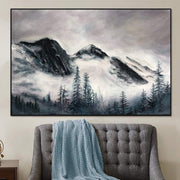 لوحة تجريدية للجبال ضبابية على قماش مناظر طبيعية لوحة زيتية حديثة لوحة زيتية رمادية طبيعة عمل فني ديكور معلق على الحائط | FOGGY MOUNTAINS