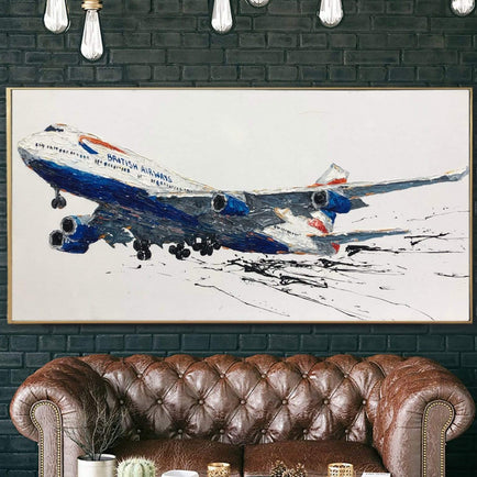Abstract Airplane Paintings On Canvas British Aviation Company Art Impasto Painting Airbus Artwork 30x60 Art In Custom Size Wall Decor | AIRCRAFT