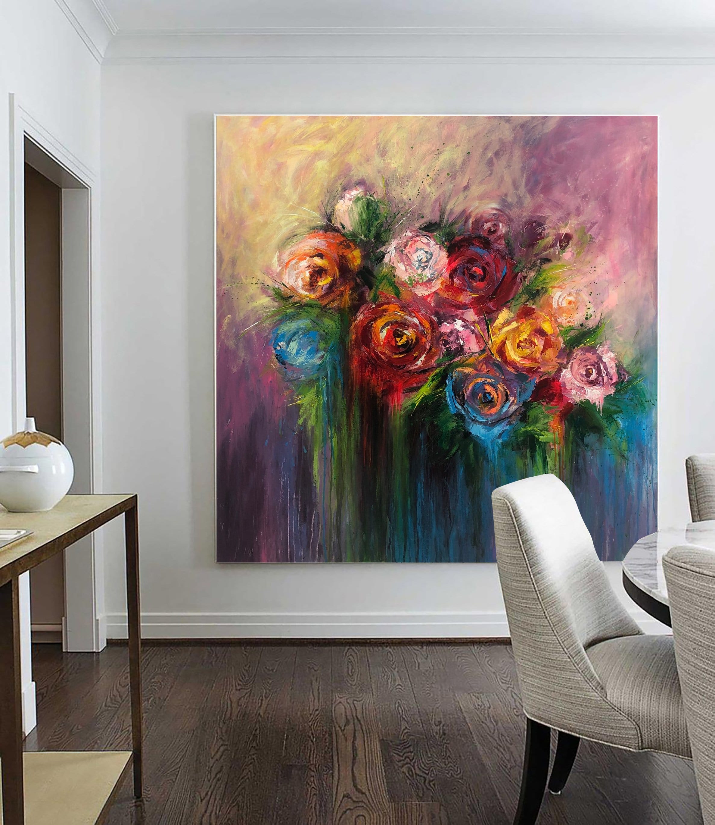 Abstract Flowers Painting On Canvas Roses Bouquet Painting Vivid Art I