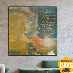 Large Abstract Painting on Canvas Green Painting Gold Leaf Artwork Vibrant Wall Art Abstract Impressionism Painting Hand Painted Art | TROPICAL BEACH 40"x40"