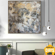 Abstract Gray Oil Paintings On Canvas Original Water Splash Artwork Modern Textured Leaf Painting Expressionist Art Wall Decor | LIQUID MARBLE 48"x48"