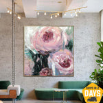 Abstract Flowers Paintings on Canvas Original Flower Art Abstract Pastel Colors Oil Painting Textured Art | SPRING PEONIES 23.6"x23.6"
