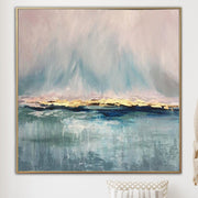 Waterscape Contemporary Art Wall Painting: Custom Size Oil Painting On Canvas In Grey, Blue, Pink Colors With Gold As Wall Decor | BOUNDLESS
